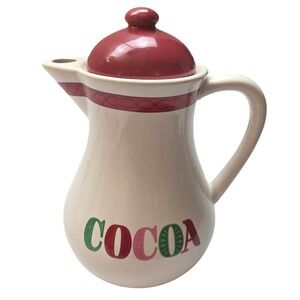 Avon Ceramic Cocoa Pitcher With‎ Lid Red Trim Festive Holiday Vintage